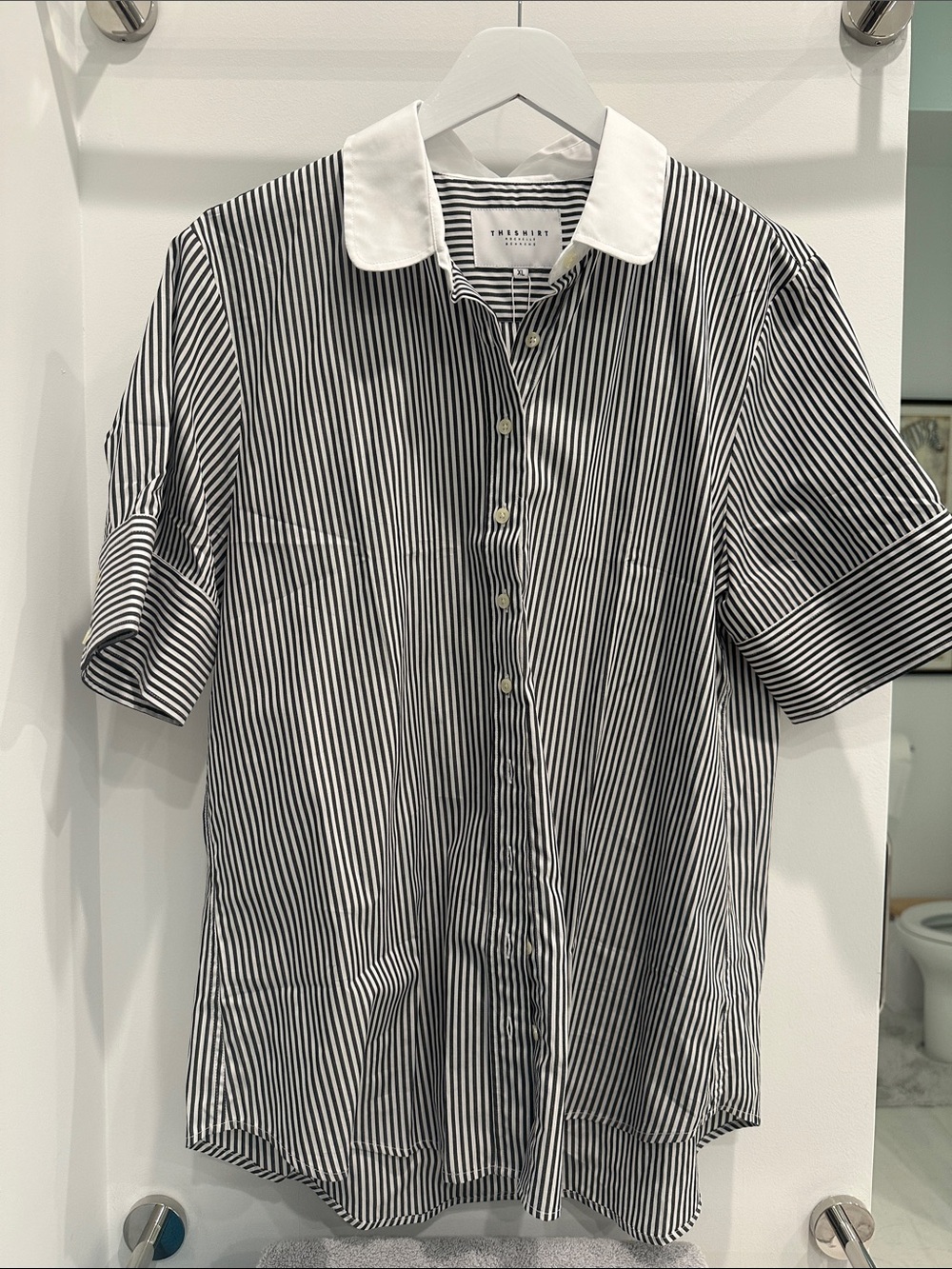 NWT The Shirt by Rochelle Behrens Black and White Striped Button-Down Shirt